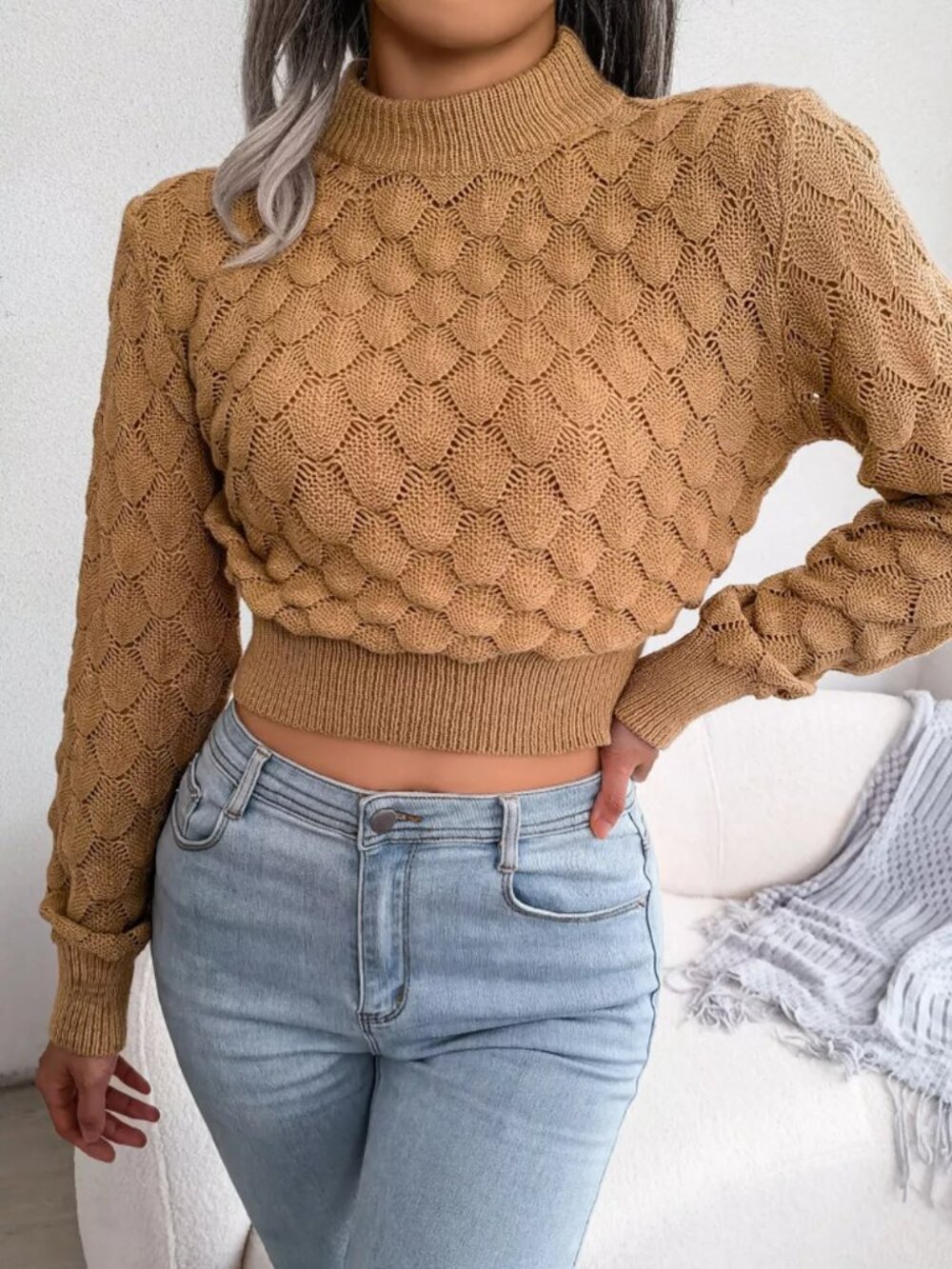Mock Neck Textured Cropped Sweater - Picture 8 of 13